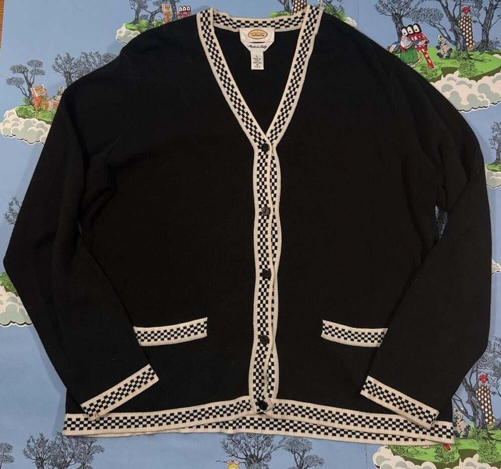 Vintage Talbots Made in Italy Black and White Checkered Trim Cardigan Sweater